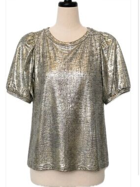 Shimmery Metallic Silver Puff Sleeve Top